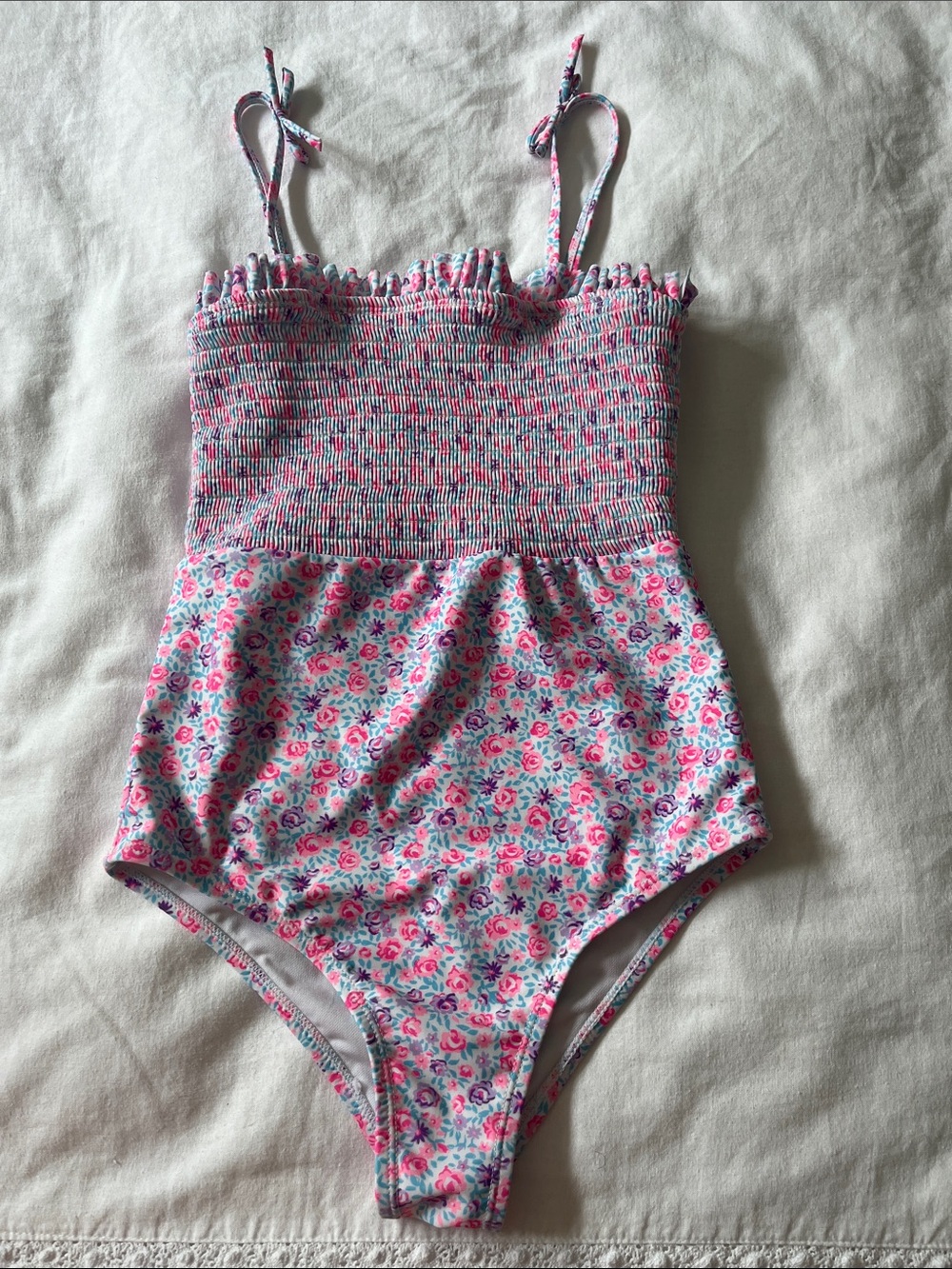 Cynthia Rowley Smocked Floral Swimsuit with Ruffle Trim, Size 12